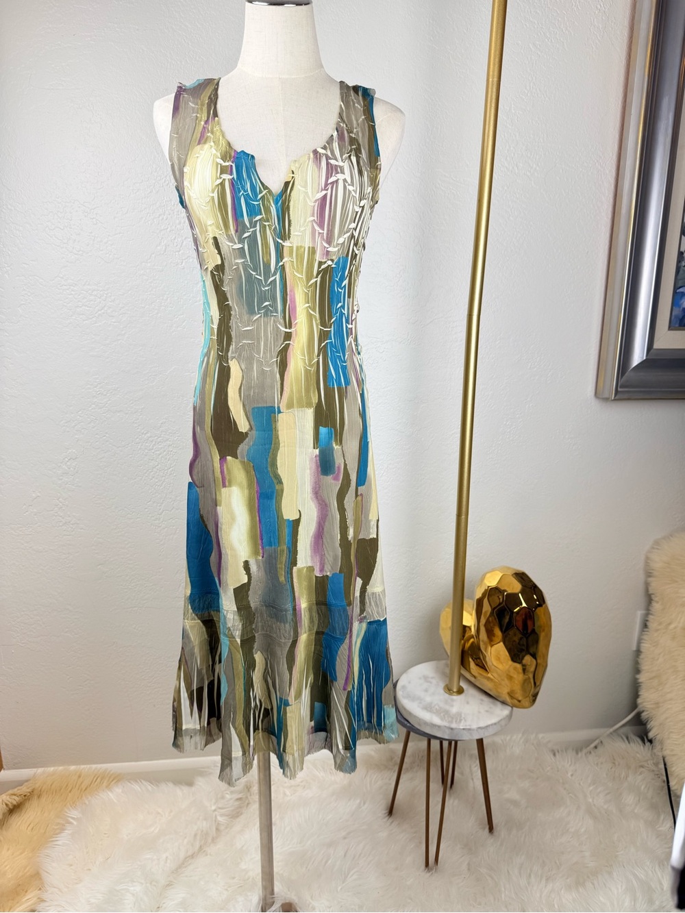 Vintage Komarov Pleated Midi Dress Magic Fit Size Small Art To Wear BohoChic
